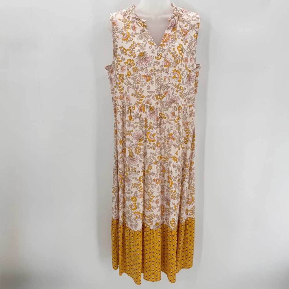 Lucky Brand Dress Womens L Mustard Floral Brittany Maxi Dress Boho Cottage Rayon